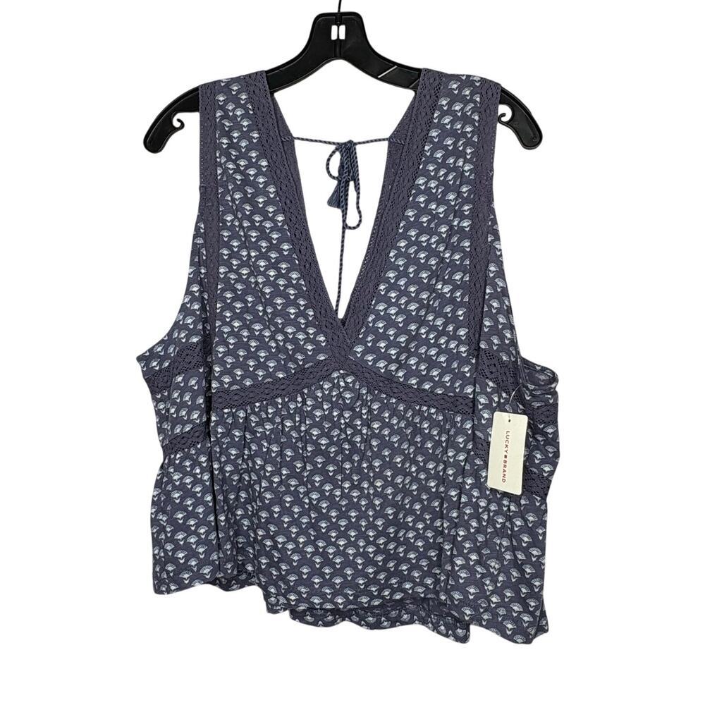 Lucky Brand Blue Floral V Neckline Lace Boho Tie Back Tank Top Size XXL New